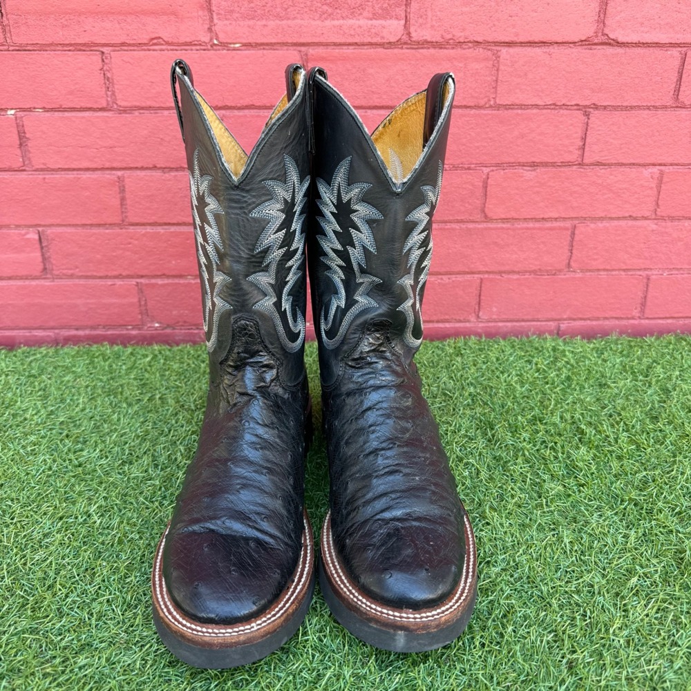 Justin Ostrich Leather Cowboy Boots Mens 10 B Vibram Tekno? Sole Made‎ in USA